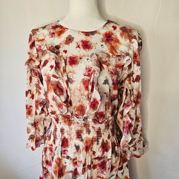 IRO Paris Sz Medium Showoff Smocked Cottagecore Boho Feminine Mini Orange Dress - Picture 7 of 15